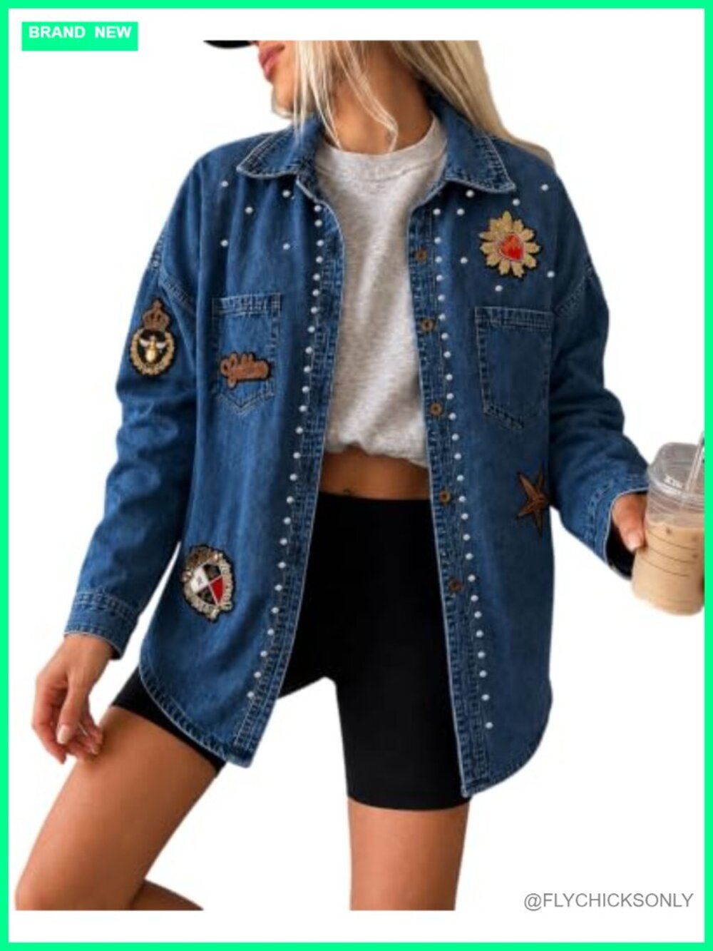 CHICME Oversized Rhinestone Denim Shacket Embroidered Jacket